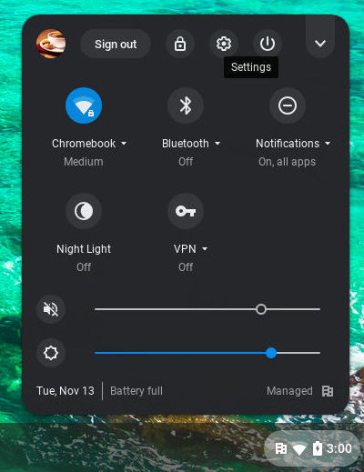 Screen shot of the Chromebook settings menu